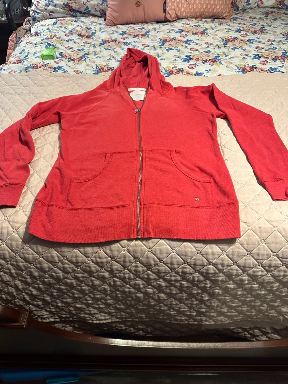Victoria's Secret salmon colored Zip-Up Hoodie. Sequin wings. Size M